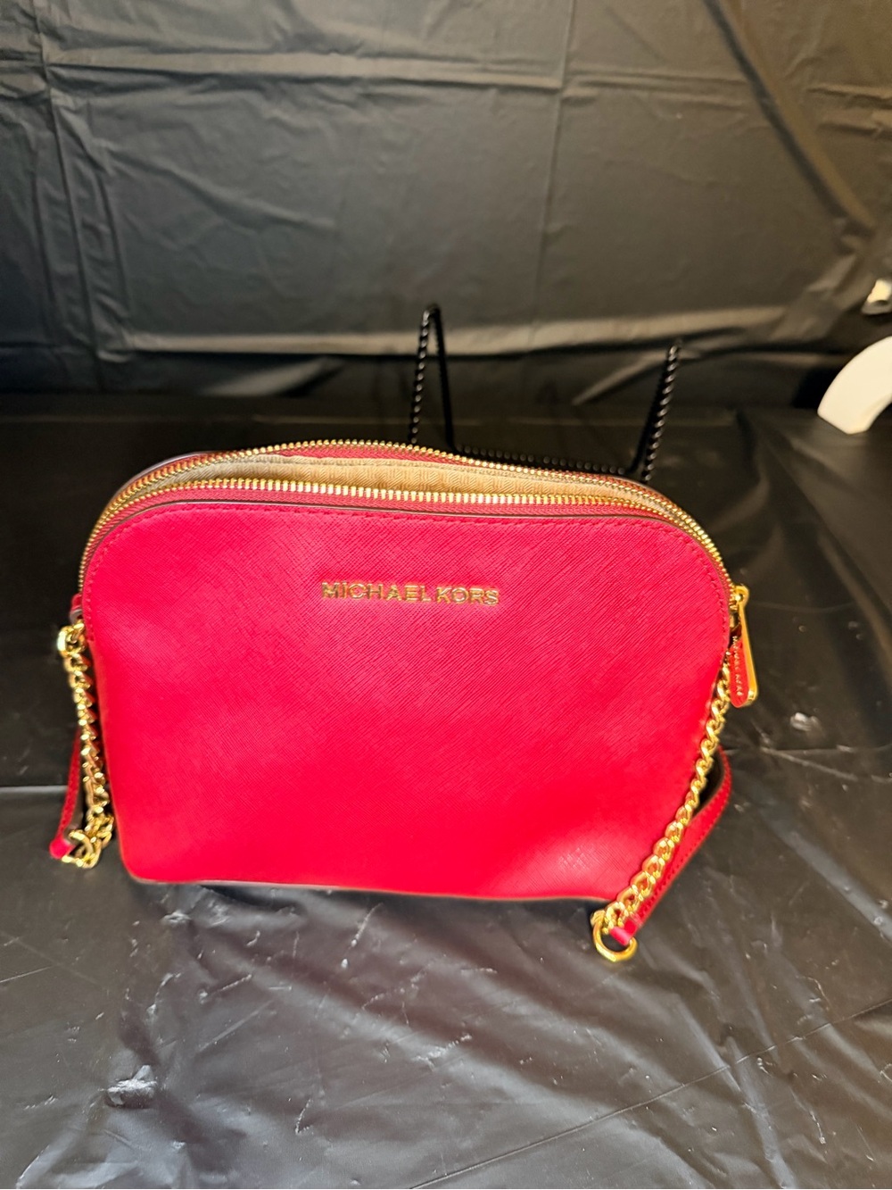 Michael Kors Bright Red Saffiano Crossbody with Gold Chain